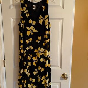 Anne Klein Yellow Floral on Black Midi Dress